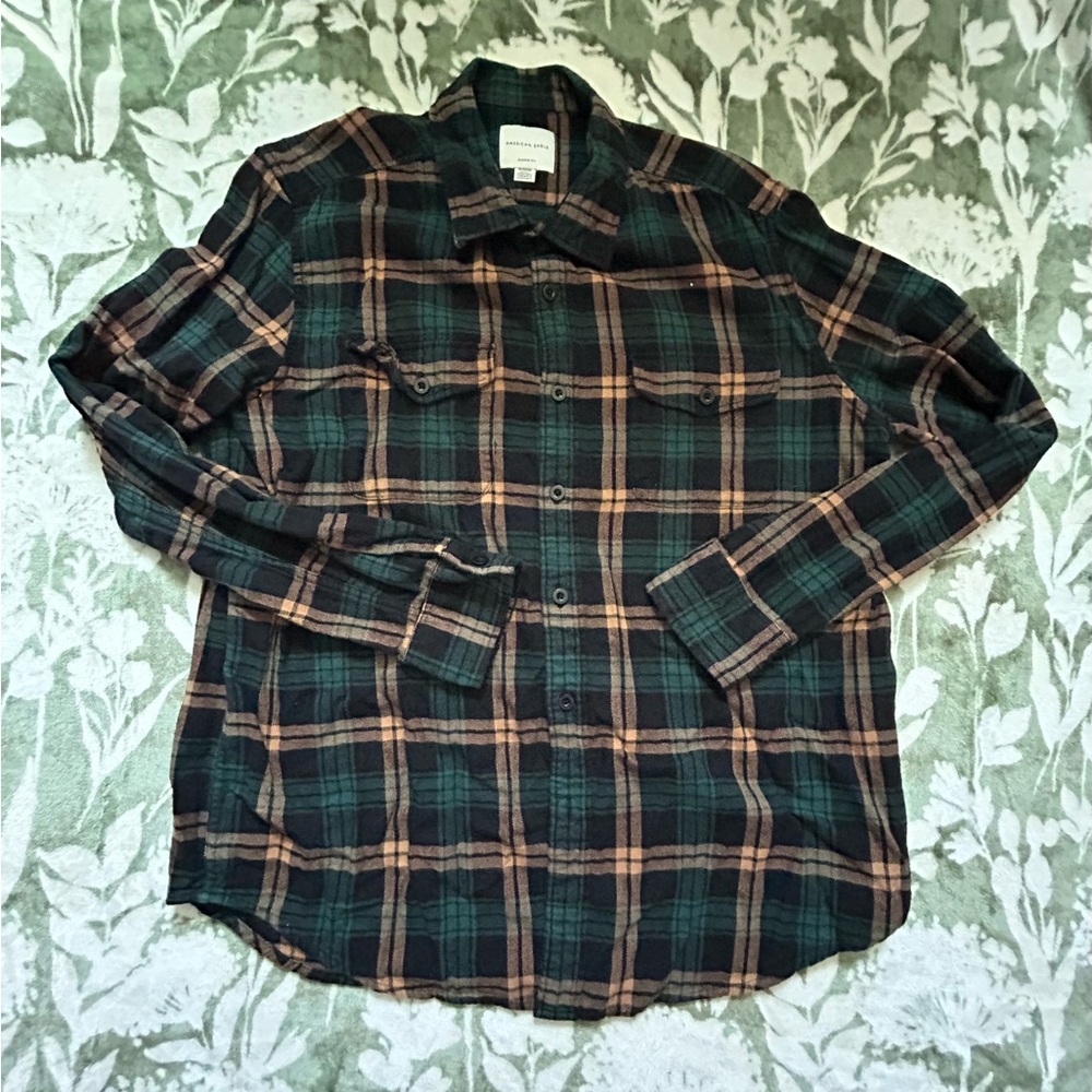 American Eagle Classic Fit Plaid Shirt in Green and Brown
